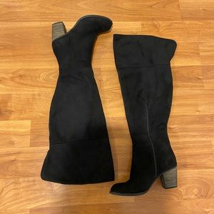 Wide Leg Heeled Suede Boots Above The Knee